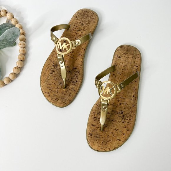 Michael Kors | Shoes | Michael Kors Mk Charm Jelly Womens Flip Flop Cork  Bottom Sandals Gold | Poshmark